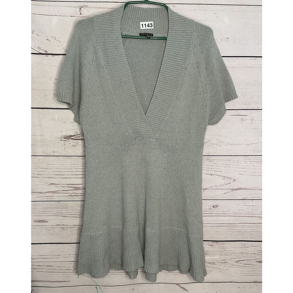 THEORY Womens Small Gray Wool Cashmere Angora V-Neck Sweater Dress Tunic Neutral
